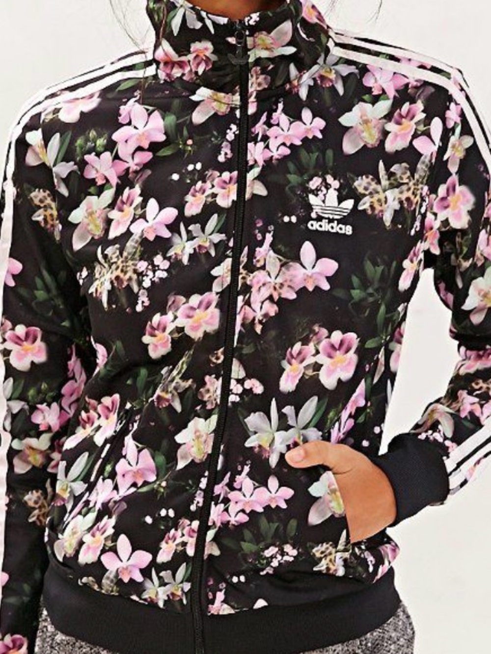 adidas Black Jacket with Pink Floral Orchid Print and White Stripes
